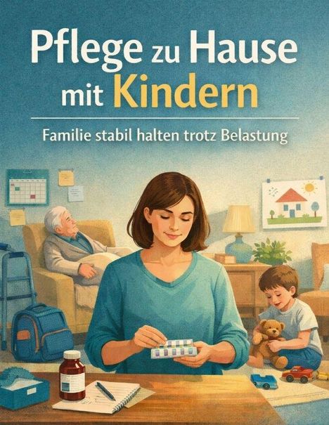 „Pflege zu Hause mit Kindern. Familie stabil halten trotz Belastung.“ Eine Frau sortiert Medikamente, Kind spielt. Illustration.