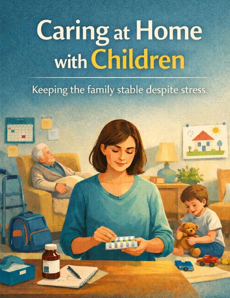 "Caring at Home with Children. Keeping the family stable despite stress." Frau teilt Medikamente ein, Kind spielt.