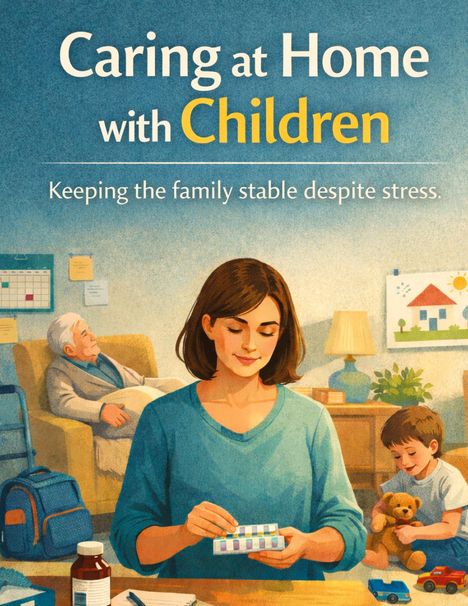 Text: "Caring at Home with Children. Keeping the family stable despite stress." Illustration: Frau sortiert Medikamente, Kind spielt, alter Mann sitzt.