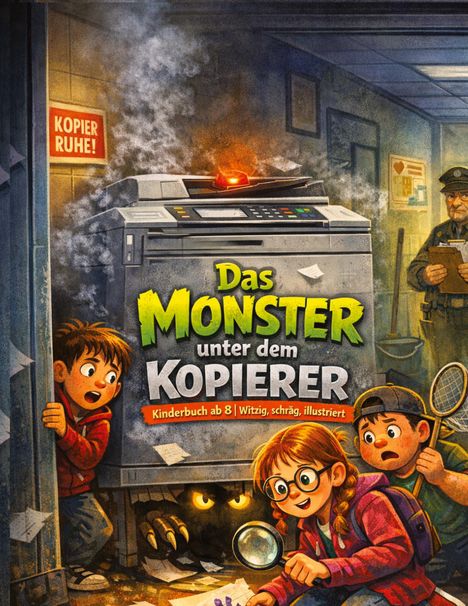 "Das Monster unter dem Kopierer. Kinderbuch ab 8 | Witzig, schräg, illustriert." Drei Kinder, ein Monster, Kopierer, Qualm.