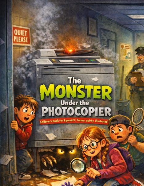 „Quiet Please“ auf einem Schild. Kinderbuch-Cover: Kinder entdecken ein Monster unter einem Fotokopierer.