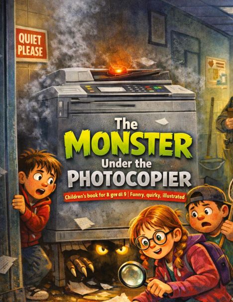 "The Monster Under the Photocopier" steht in großen Buchstaben. Kinder sehen erschrocken einen Kopierer mit leuchtenden Augen an.