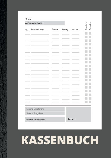 "KASSENBUCH" steht groß unten. Tabelle oben mit Spalten: Nr., Beschreibung, Datum, Betrag, Saldo, Einnahme, Ausgabe.