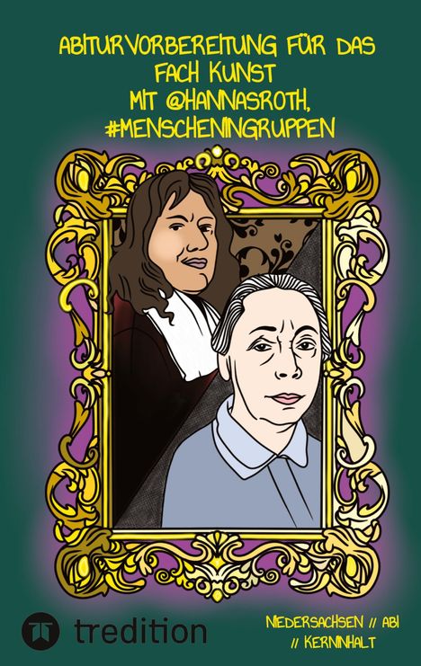 Abiturvorbereitung für Kunst mit @hannasroth, #menscheningruppen. Illustration von zwei Personen in einem goldenen Rahmen.