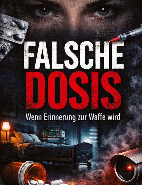 „Falsche Dosis: Wenn Erinnerung zur Waffe wird.” Nahaufnahme von Augen, Spritze, Tabletten, Krankenhausbett, Überwachungskamera.