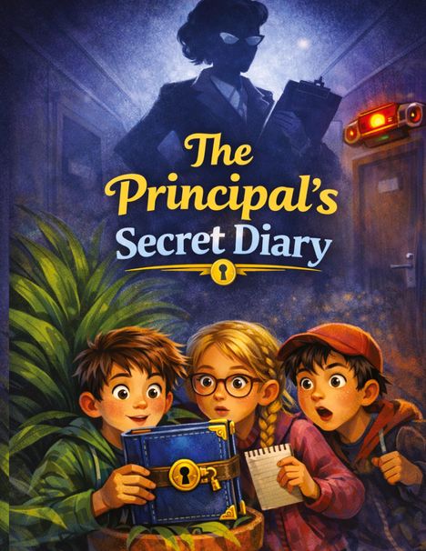 "The Principal's Secret Diary." Drei Kinder, neugierig, betrachten ein blaues Tagebuch. Ein großer, geheimnisvoller Schatten dahinter.