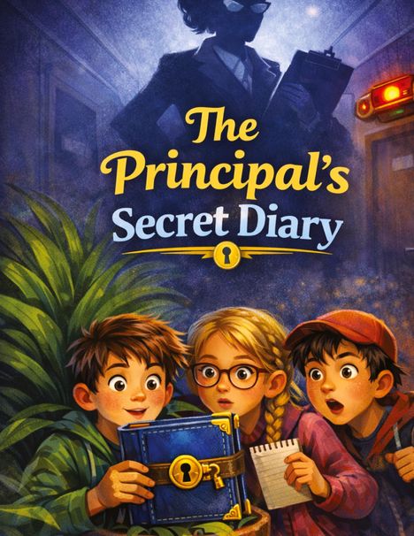 „The Principal’s Secret Diary“. Drei Kinder schauen überrascht auf ein Tagebuch mit Schloss, im Hintergrund ein Schatten.