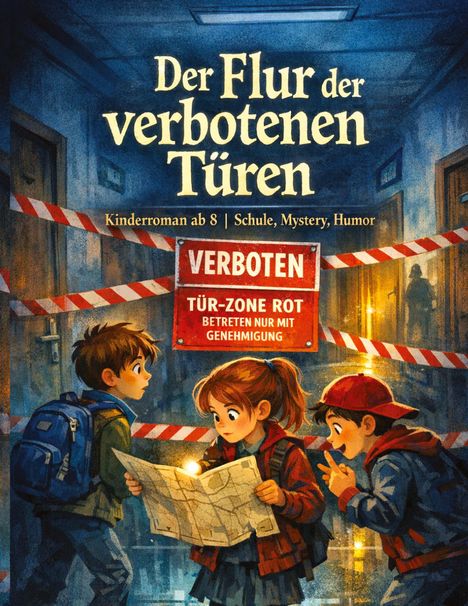 „Der Flur der verbotenen Türen“, Kinderdetektivgeschichte. Kinder schauen neugierig auf eine Karte, markiert mit Absperrband.