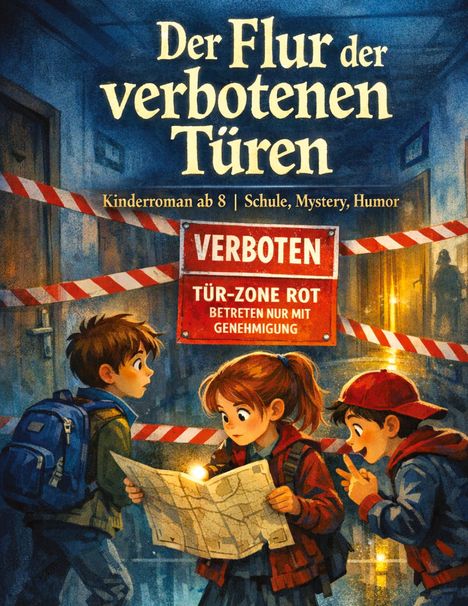 „Der Flur der verbotenen Türen“, Kinderroman ab 8, Schule, Mystery, Humor. Illustration: Drei Kinder mit Karte vor Absperrband.
