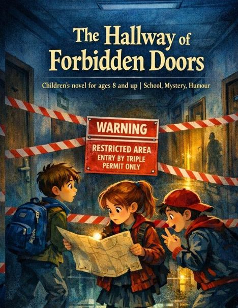 „The Hallway of Forbidden Doors“, „WARNING: RESTRICTED AREA“. Drei Kinder im Korridor, mit Taschenlampen und Karte.