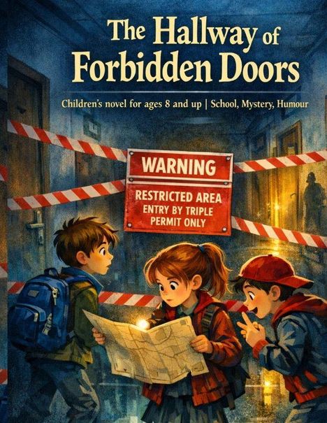 Titel: "The Hallway of Forbidden Doors". Warnschild: "WARNING, RESTRICTED AREA". Drei Kinder betrachten eine Karte.
