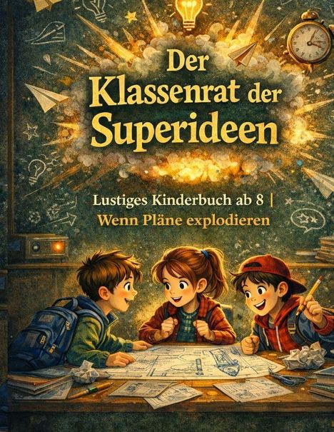 "Der Klassenrat der Superideen. Lustiges Kinderbuch ab 8 | Wenn Pläne explodieren." Illustration: Drei Kinder am Tisch.