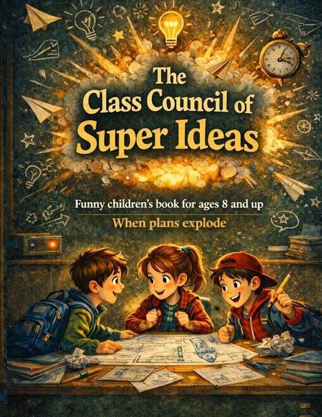 "The Class Council of Super Ideas. Funny children's book for ages 8 and up. When plans explode." Drei Kinder um einen Tisch.