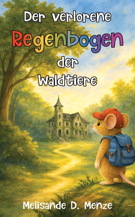 Der Text lautet: "Der verlorene Regenbogen der Waldtiere. Melisande D. Menze." Eine Maus mit Rucksack schaut auf ein altes Haus.