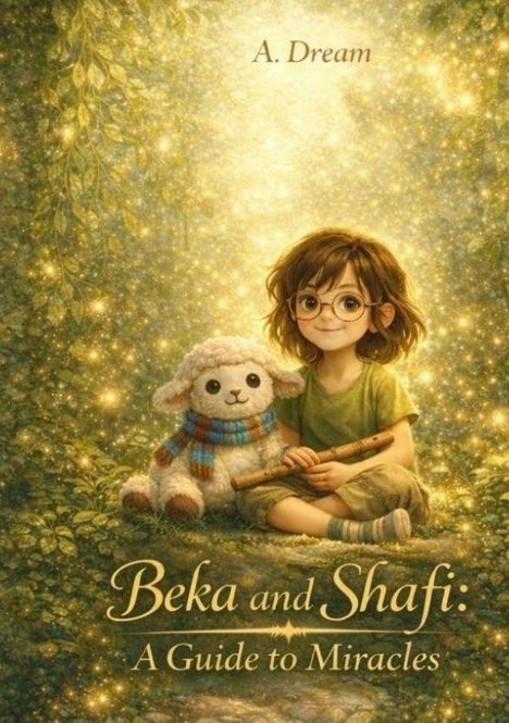 Text: "A. Dream. Beka and Shafi: A Guide to Miracles." Illustration: Kind mit Brille, kuschelt mit einem Schaf unter leuchtenden Blättern.