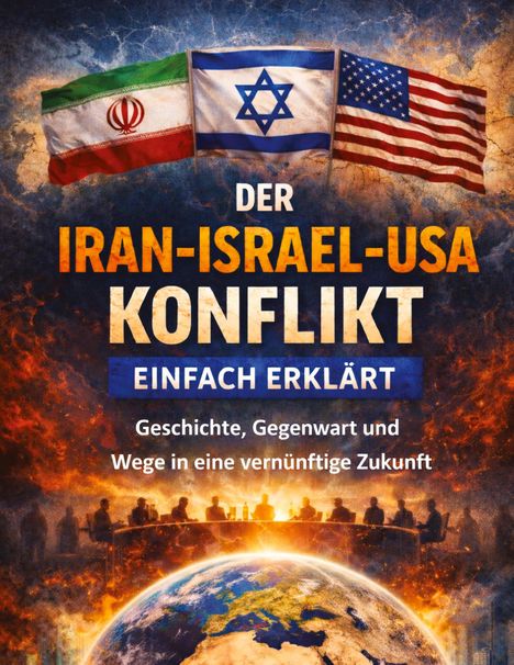 Text: Der Iran-Israel-USA Konflikt einfach erklärt. Geschichte, Gegenwart und Wege in eine vernünftige Zukunft.  
Drei Flaggen, Erde unten.