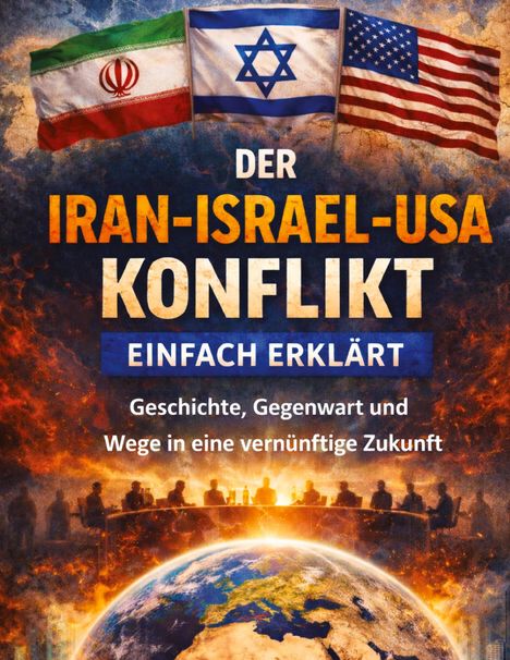 "Der Iran-Israel-USA Konflikt einfach erklärt. Geschichte, Gegenwart und Wege in eine vernünftige Zukunft." 
Flaggen oben, Weltkugel unten.