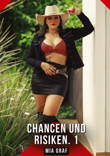"CHANCEN UND RISIKEN. 1, MIA GRAF" Eine Frau mit Hut, rotem Top und schwarzem Rock steht draußen.