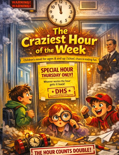 Eine Illustration mit Texten wie: "The Craziest Hour of the Week", "Special Hour Thursday Only", und "The Hour Counts Double!". Kinder und ein Mann sind dargestellt, mit einem symbolhaften Wecker und Papieren.
