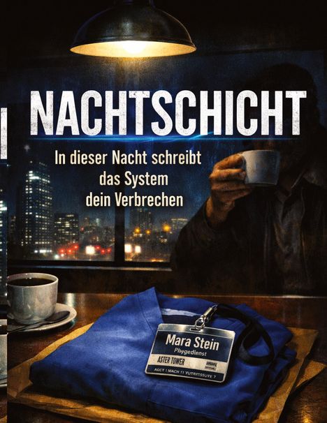 "NACHTSCHICHT. In dieser Nacht schreibt das System dein Verbrechen." Pflegekittel und Tasse, Stadtlichter im Hintergrund.