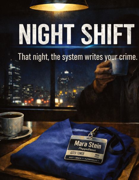 "NIGHT SHIFT", "That night, the system writes your crime." Nachtansicht einer Stadt, Kaffeetasse, blaues Hemd mit Ausweis.