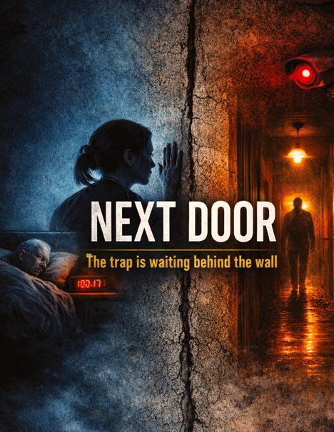 „NEXT DOOR. The trap is waiting behind the wall.“ Links Frau an Wand lauschend, rechts rotiert Kamera über beleuchtetem Flur.