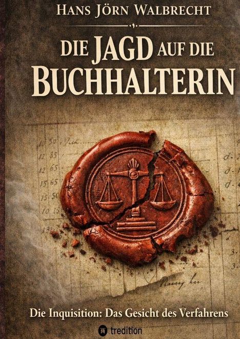 „Die Jagd auf die Buchhalterin“ von Hans Jörn Walbrecht, Siegel mit Waage vor Papieruntergrund.