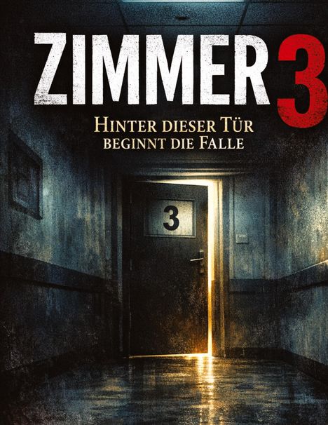 "ZIMMER 3. Hinter dieser Tür beginnt die Falle." Dunkler Flur, Tür halb offen, geheimnisvolle Atmosphäre.