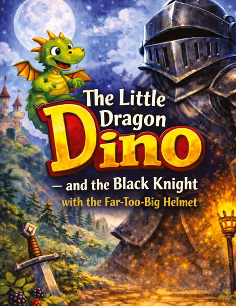 Text: "The Little Dragon Dino and the Black Knight with the Far-Too-Big Helmet." Illustration mit einem lächelnden Drachen.