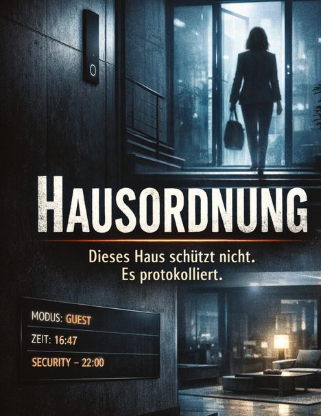 "Hausordnung. Dieses Haus schützt nicht. Es protokolliert. Modus: Guest. Zeit: 16:47. Security – 22:00." Eine Person betritt.