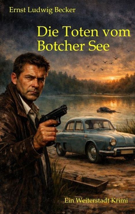 Titel: "Die Toten vom Botcher See" von Ernst Ludwig Becker. Ein Mann mit Waffe vor See und altem Auto bei Sonnenuntergang.