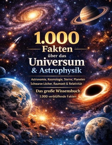 1.000 Fakten über das Universum & Astrophysik. Hintergrund zeigt Planeten, Sterne, Galaxien und ein Schwarzes Loch.