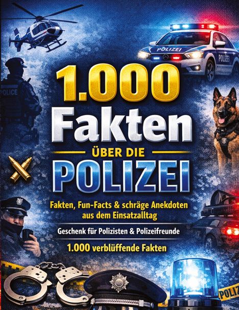 „1.000 Fakten über die Polizei“ steht groß im Zentrum, umgeben von Polizei-Motiven wie Auto, Hubschrauber und Hund.