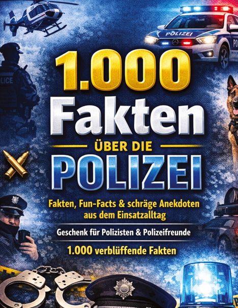 „1.000 Fakten über die POLIZEI.“ Hintergrund zeigt Polizeifahrzeuge, einen Hund, Handschellen, und einen Hubschrauber.