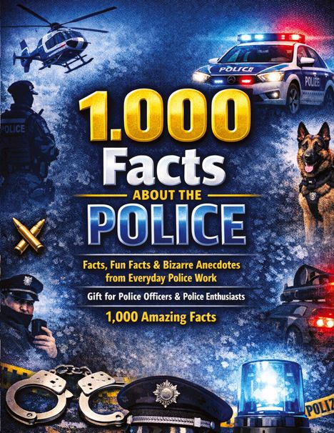 "1,000 Facts About the Police" - Helikopter, Polizeiauto, Polizist, Hund, Handschellen und Polizeimütze im Hintergrund.