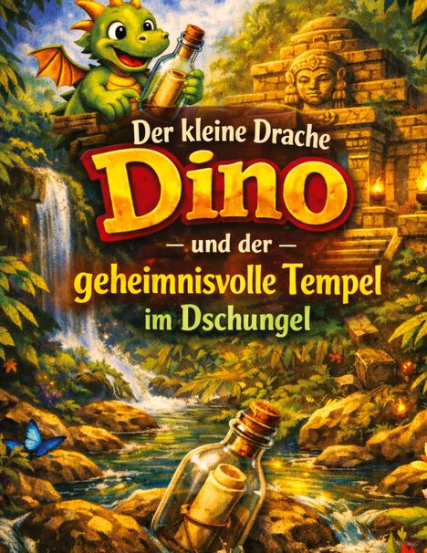 Text: "Der kleine Drache Dino und der geheimnisvolle Tempel im Dschungel". Illustration eines Drachens mit Flasche im Dschungel.