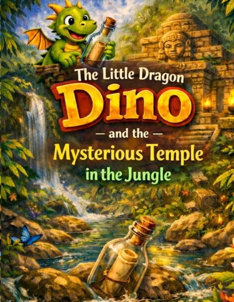 "The Little Dragon Dino and the Mysterious Temple in the Jungle" steht in einem Dschungelsetting mit Tempel und Wasserfall.