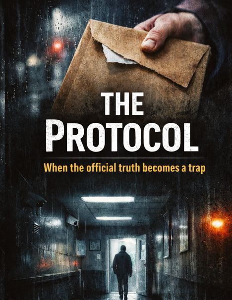 „THE PROTOCOL: When the official truth becomes a trap.“ Ein Umschlag wird festgehalten, darunter ein dunkler Flur mit einer Person.