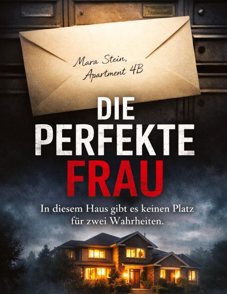Umschlag mit Aufschrift "Mara Stein, Apartment 4B". Darunter "Die Perfekte Frau". Bild eines beleuchteten Hauses im Hintergrund.