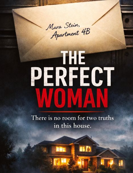 Ein Briefumschlag mit "Mara Stein, Apartment 4B". Darunter "THE PERFECT WOMAN". Ein großes Haus bei Nacht im Hintergrund.