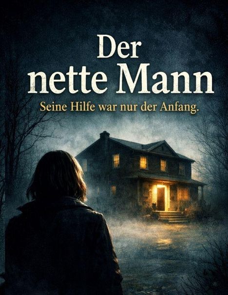 „Der nette Mann. Seine Hilfe war nur der Anfang.“ Eine Person steht vor einem erleuchteten, nebligen Haus bei Nacht.