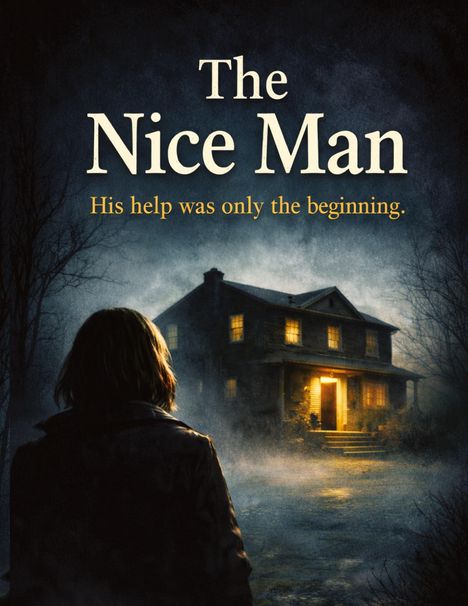 "The Nice Man. His help was only the beginning." Vor einem nebeligen Haus steht eine Person im Mantel.