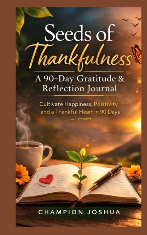 "Seeds of Thankfulness: A 90-Day Gratitude & Reflection Journal. Cultivate Happiness, Positivity, and a Thankful Heart in 90 Days" steht über einem offenen Buch, aus dem eine Pflanze wächst. Eine Tasse Kaffee und Sonnenblumen sind daneben.