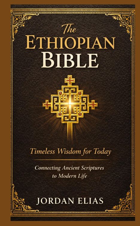 „The Ethiopian Bible. Timeless Wisdom for Today. Connecting Ancient Scriptures to Modern Life. Jordan Elias.“ Verzierungen und ein Kreuz.