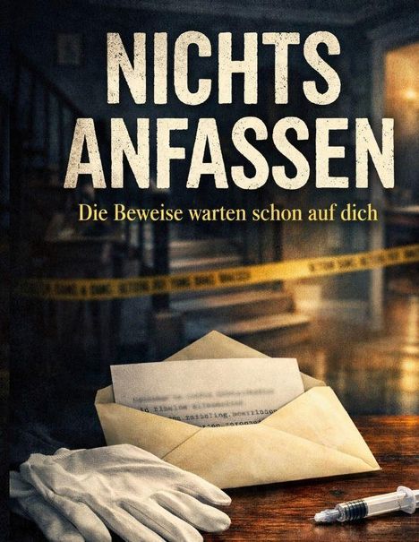 "Nichts anfassen. Die Beweise warten schon auf dich." Ein Umschlag mit Brief, Handschuhe und Spritze auf einem Tisch.
