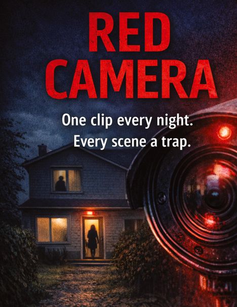 Text: "RED CAMERA. One clip every night. Every scene a trap." Haus bei Nacht, Kameraobjektiv im Vordergrund.