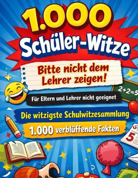 "1.000 Schüler-Witze. Bitte nicht dem Lehrer zeigen! Für Eltern und Lehrer nicht geeignet. 1.000 verblüffende Fakten." Hintergrund: bunt, humorvoll.