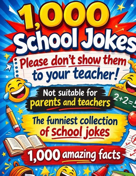 "1,000 School Jokes", "Please don't show them to your teacher!", "Not suitable for parents and teachers". Bunte, fröhliche Illustration.