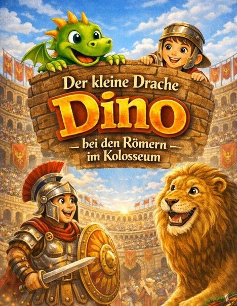 „Der kleine Drache Dino bei den Römern im Kolosseum“ steht auf einem Schild. Drache, Kind, Römer, Löwe im Kolosseum.