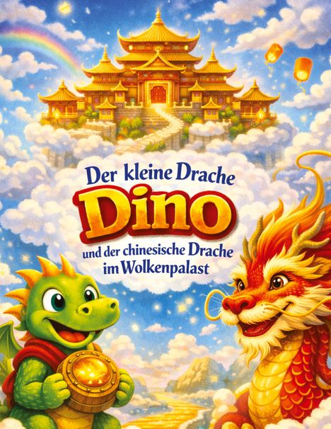 „Der kleine Drache Dino und der chinesische Drache im Wolkenpalast“; zwei Drachen vor einem goldenen Palast in den Wolken.